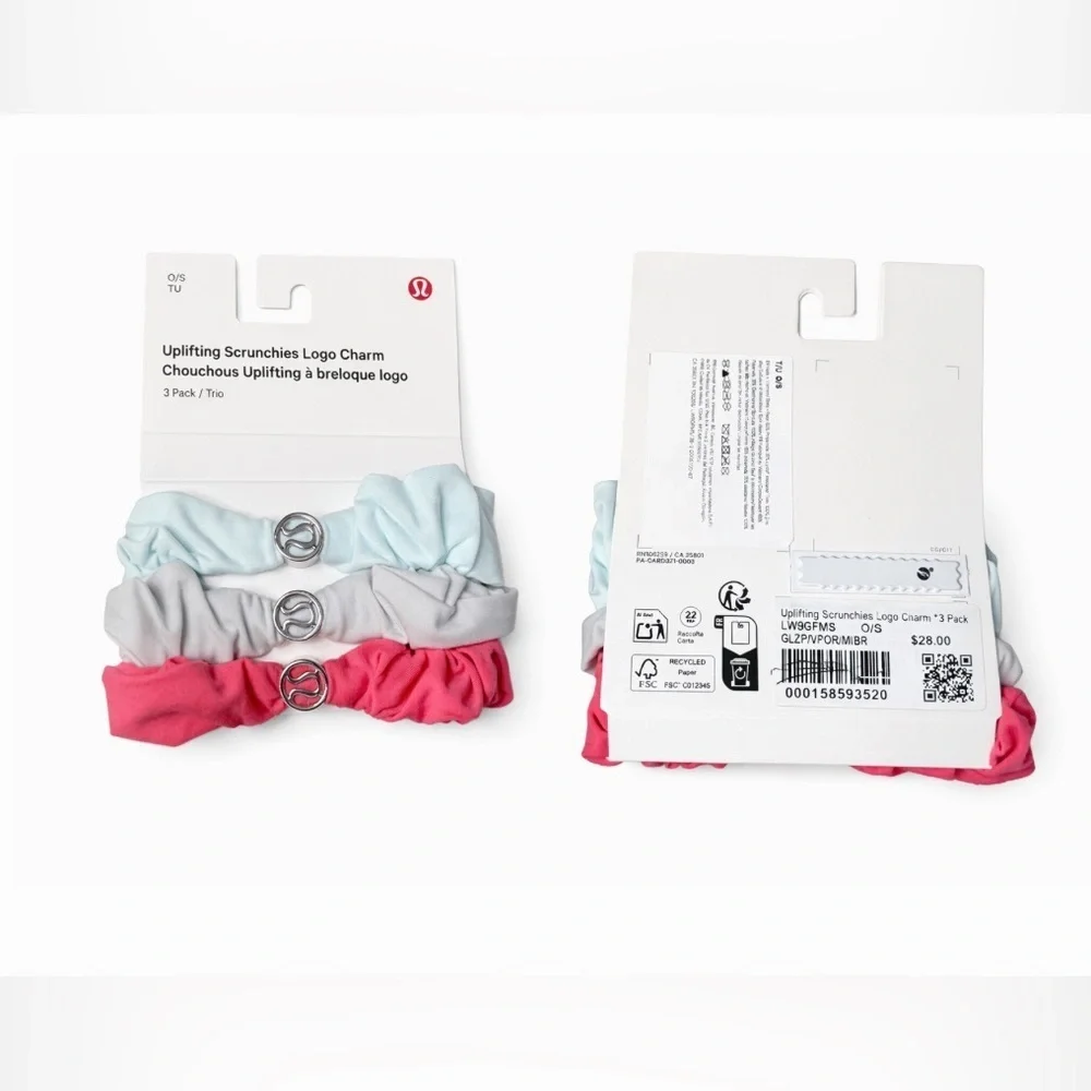 lululemon athletica Uplifting Scrunchies Logo Charm 3-Pack - Pink, Blue, Gray